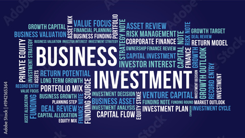 Business Investment Word Cloud on Dark Blue Background, Venture Capital and Corporate Finance Theme