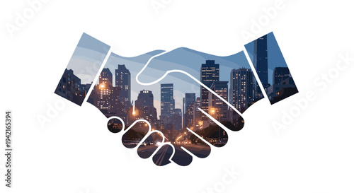 A prominent handshake silhouette is filled with a photographic overlay of a vibrant city skyline at dusk, showcasing illuminated buildings.