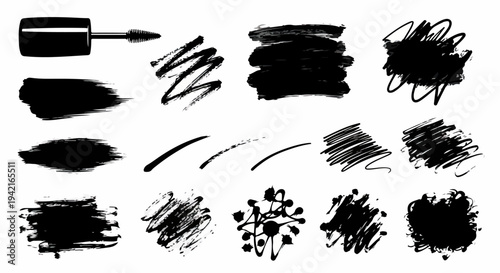 Zestaw czarnych pociągnięć pędzla, plam tuszu i sylwetki tuszu do rzęs, idealny jako elementy graficzne i tekstury grunge.