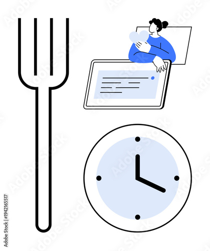 Time management. Time management with clock, digital device, and fork work-life balance, meal planning, and scheduling. Perfect for productivity, lifestyle and technology visuals. Usage ideas