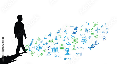 A dark silhouette of a man walks forward on a plain white background, leaving a trail of various blue and green scientific icons.