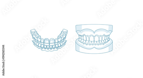 Two light blue line art illustrations show clear dental aligners on the left and a teeth model with traditional braces on the right.