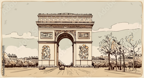 Wektorowa ilustracja Łuku Triumfalnego w Paryżu, przedstawiająca słynny zabytek w klasycznym, sepiowym stylu retro.