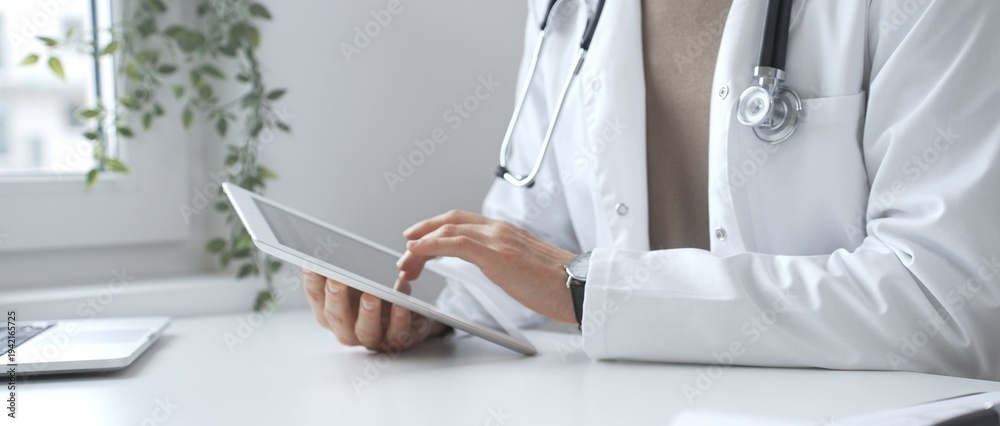 Fototapeta premium Doctor man wearing lab coat and stethoscope using digital tablet in modern medical office, browsing patient information or conducting online consultation. Medicine and health care