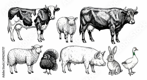 Zestaw ręcznie rysowanych zwierząt hodowlanych, w tym krowy, owce, świnia, indyk, królik i gęś, w stylu vintage grafiki.