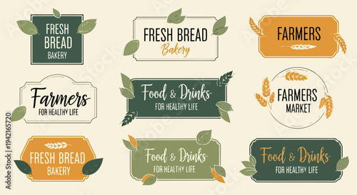 유기농 신선 식품, 빵집, 농부 시장 및 건강한 음료를 위한 자연 친화적이고 소박한 스타일의 벡터 레이블 및 배지 컬렉션.