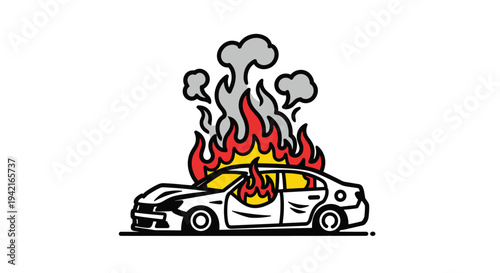 A white cartoon sedan car is engulfed in bright red and orange flames with grey smoke rising against a clean white background.