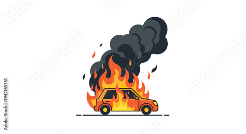 An orange cartoon hatchback car is engulfed in intense orange and yellow flames with dark grey smoke rising against a pristine white background.