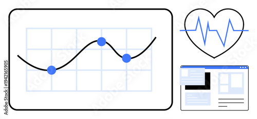 Data analysis, health tech, online records, business insights, progress tracking, cardiology. Trendline chart and heartbeat icon with a digital webpage layout. Data analysis and health tech concept