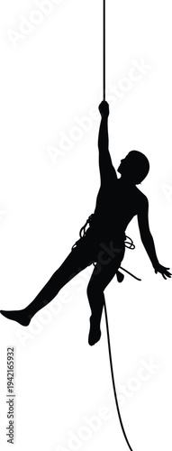 Black Silhouette of a Person Abseiling Down a Vertical Rope Wearing Climbing Harness Isolated on White Background for Adventure Sports