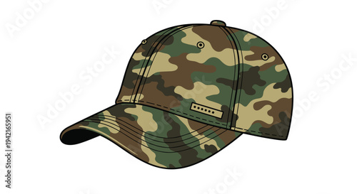 A realistic camouflage baseball cap with green, brown, and tan patterns and visible stitching is depicted from a slightly angled side perspective on a clean white background.