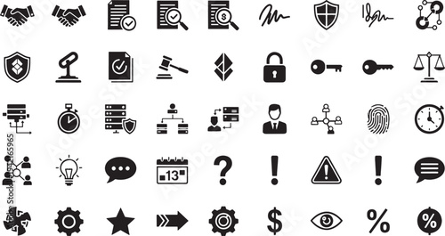 Collection of black business and technology on white background handshake agreement document checkmark