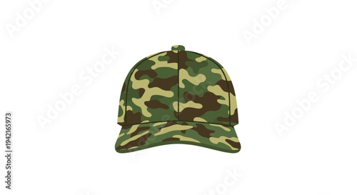 A simplified camouflage baseball cap with a green, brown, and tan pattern is presented from a direct frontal perspective on a pristine white background.