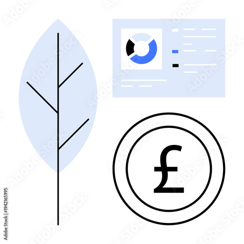 Sustainability concept. Sustainability by a leaf, financial growth with a pound symbol, and data visualization through a chart. Sustainability for finance, economy, environment, growth, analytics