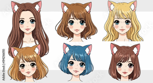 다양한 헤어스타일과 고양이 귀를 착용한 여섯 명의 귀여운 여성 캐릭터 일러스트레이션으로, 만화나 애니메이션 테마 디자인에 적합합니다.
