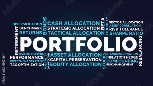 Portfolio Word Cloud Design for Poster, Wall Art, Financial Education Banner, Classroom Decor. Portfolio bold dark finance typography