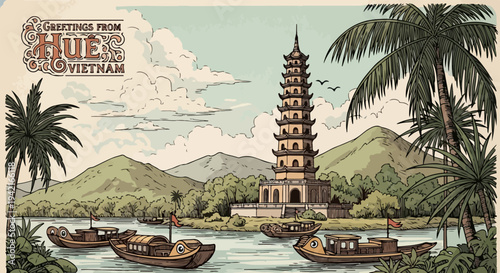 베트남 후에의 향강에 떠 있는 전통 보트와 티엔무 사원을 묘사한 빈티지 스타일의 손으로 그린 여행 엽서 일러스트레이션.
