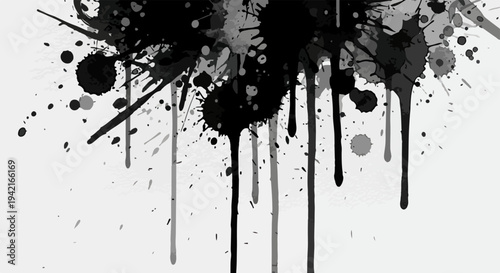 흰색 배경에 검은색 잉크가 튀고 흘러내리는 추상적인 얼룩과 물방울 패턴으로, 예술적이고 거친 질감을 표현합니다.