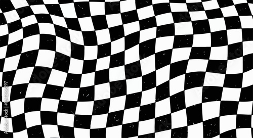 물결치는 흑백 체크 패턴이 빈티지한 질감과 어우러져 시각적 착시를 유발하며, 레트로하고 사이키델릭한 분위기를 자아내는 추상적 배경 디자인입니다.