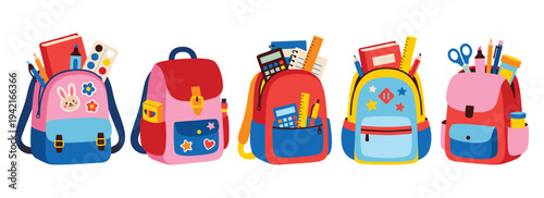 Five different school bags with supplies flat vector illustration education