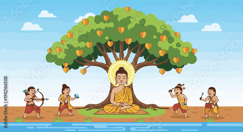 Buddha meditating under a Bodhi tree, resisting temptation. Cartoon vector illustration of spiritual enlightenment and inner peace.