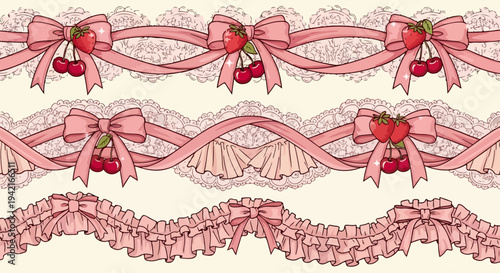 사랑스러운 핑크 리본과 섬세한 레이스 테두리 일러스트 세트로, 달콤한 딸기와 체리 장식이 더해져 귀엽고 로맨틱한 디자인 요소를 제공합니다.