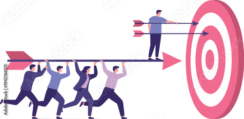 Business Team Carrying Large Arrow to Target Concept of Leadership and Goal Achievement Flat Vector Illustration
