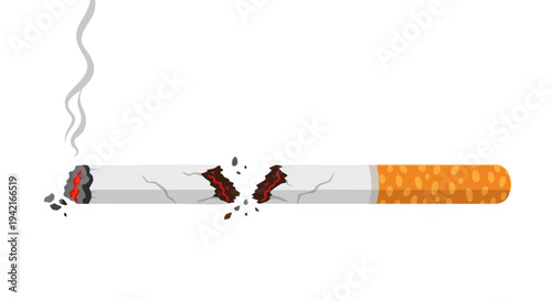 Broken lit cigarette with smoke vector illustration. Concept of quitting smoking, breaking addiction, and health choices on a white background.