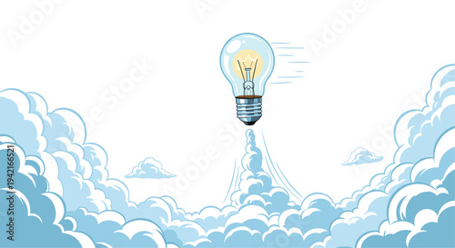 A glowing light bulb, appearing as a transparent glass sphere with an illuminated filament, ascends rapidly through a sky filled with soft blue clouds.
