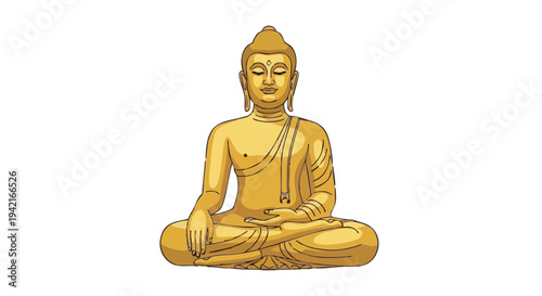 Golden Buddha illustration in meditative lotus pose. Vector graphic of a serene deity figure isolated on a white background.