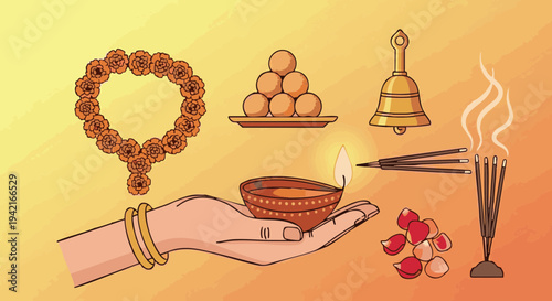 Hand holding a diya lamp with traditional Hindu devotional offerings for puja