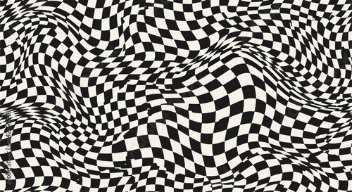 흑백 바둑판 무늬가 물결치듯 유동적으로 왜곡되어 착시 현상을 유발하는 역동적인 추상적 그래픽 배경 디자인으로, 현대적이고 시각적인 깊이감을 선사합니다.