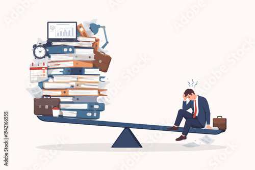 Stressed businessman on a seesaw outweighed by a massive stack of office files and laptop, illustrating professional burnout, exhaustion, and the struggle for a healthy work-life balance.