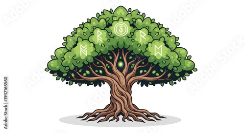 Vector illustration of a sacred tree with glowing ancient runes and symbols. Mystical fantasy concept.