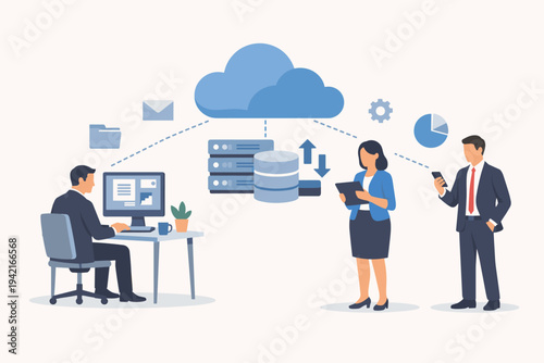 Business People Using Desktop Computer and Mobile Devices Connected to Cloud Server Service, Professional Team Working with Digital Data Storage, Network Connectivity, and Remote Computing Vector.