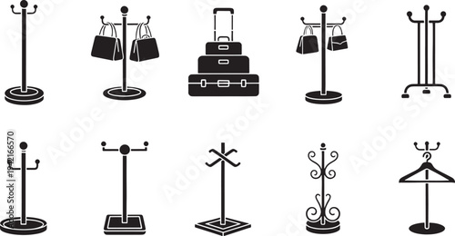 Collection of black silhouette coat racks and luggage stands with bags hat stand suitcase handbag
