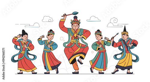 Traditional Buddhist dance performance with figures in colorful costumes. Vector illustration.