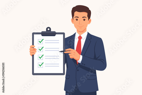 Professional Businessman in a Blue Suit Holding a Clipboard with a Completed Checklist and Green Checkmarks, Pointing with a Pen, Simple Flat Vector Illustration for Business Success and Tasks.