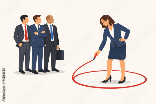 Businesswoman Drawing a Red Circle Around Herself to Set Personal Boundaries and Maintain Social Distance from a Group of Male Colleagues in Suits, Concept of Professional Space and Protection.