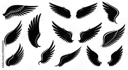 다양한 디자인의 검은색 날개 실루엣 벡터 일러스트레이션 세트로, 신화, 자유, 비행, 천사, 판타지 테마를 위한 그래픽 요소를 제공합니다.