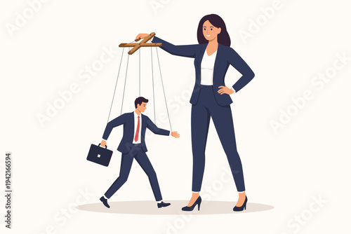 Businesswoman Boss Manipulating a Businessman Puppet with Strings, Concept of Corporate Power Dynamics, Control, Leadership Influence, and Professional Management, Flat Vector Illustration