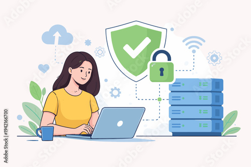 Flat Vector Illustration of a Woman Using a Laptop Computer with Secure Server Connection, Data Protection, Cyber Security, Cloud Computing, and Network Safety Icons for Web and App Design