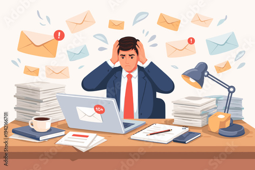 Stressed businessman sitting at office desk overwhelmed by many emails and paperwork. Flat vector illustration of professional man feeling burnout from heavy workload and digital communication.