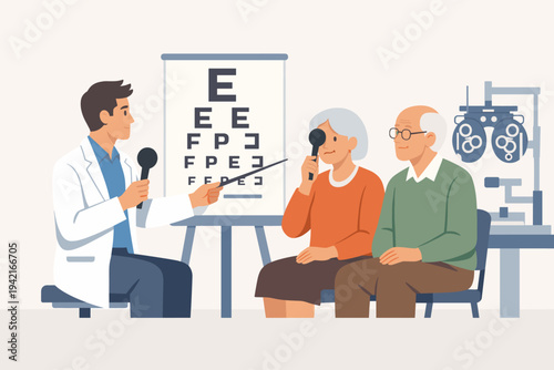 Ophthalmologist Doctor Testing Eyesight of Senior Patients with Vision Problems. Elderly Couple at Eye Clinic for Vision Checkup. Doctor Pointing at Snellen Eye Chart. Professional Medical Vector.