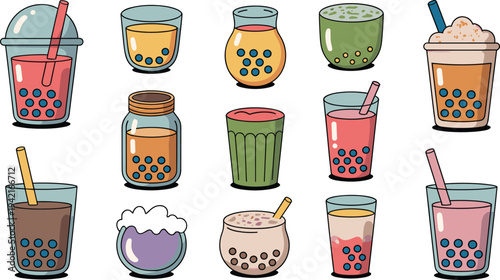Cute Bubble Tea Sticker Set with Kawaii Boba Milk Tea Cups and Tapioca Pearls Vector Illustration