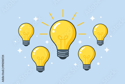 Creative Idea Concept with Glowing Light Bulb and Smaller Bulbs on Blue Background, Flat Vector Illustration for Business Innovation, Brainstorming, Leadership, and Problem Solving Solutions