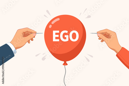 Vector illustration of man and woman hands with needles about to pop a red balloon with the word EGO. Concept of deflating pride, arrogance, and self-importance in a simple flat design style.