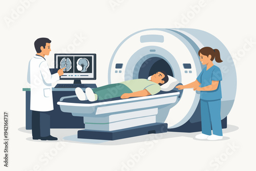 Vector Illustration of a Radiologist Doctor and Nurse Performing a Brain Scan on a Patient Using an MRI Machine in a Hospital Clinic, Medical Diagnostic Imaging Technology and Healthcare Service