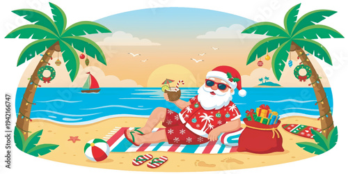 Santa Claus Relaxing on Tropical Beach Vacation.
