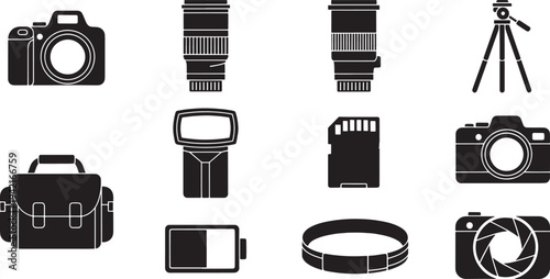 Collection of black silhouette for equipment and accessories camera lens tripod flash